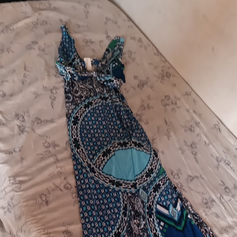 Blue Patterned  Beach Maxi Dress Twelve Size Small